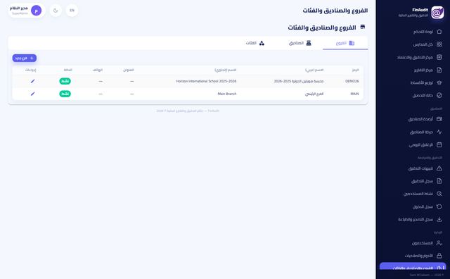 الفروع والصناديق والفئات
