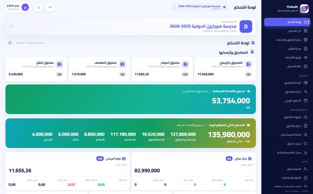 لوحة التحكم: أرصدة الصناديق، الأقساط المستلمة، الإيراد المتوقع